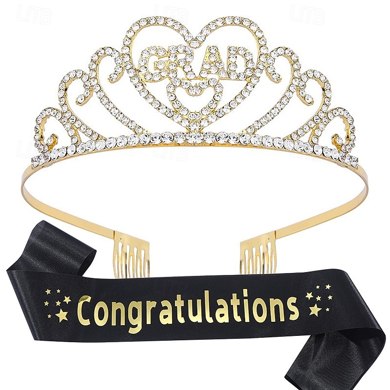 Graduation Crown and Stole Sash Set, Graduation Party Supplies Kit, Congratulations Glittered Fabric Sash, Alloy Headpiece, Tiara and Sash Set for Graduation Celebration4