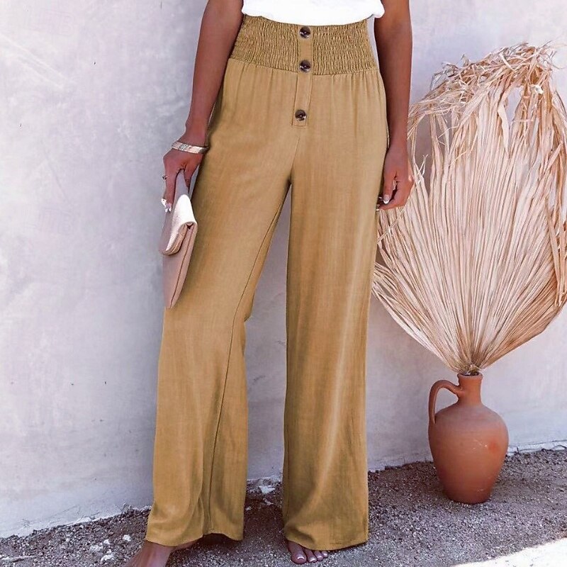 Women's Cotton Linen Pants Slacks Palazzo Pants Casual Full Length Natural Plain Elastic Waist Comfy Outdoor Comfortable Street Daily Wear Wine Black White Khaki Summer Regular Fit