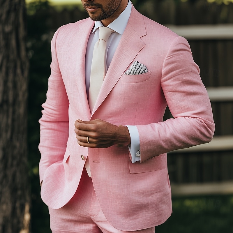 Men's Wedding Party Linen Suits Peaked Lapel Pink Fashion Casual Solid Colored Standard Fit 2 Piece Single Breasted Two-buttons