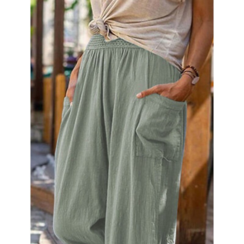 Women's Cotton Linen Baggy Pants Chinos Fashion Streetwear Full Length Medium Waist Plain Pocket Elastic Waistband Comfy Soft Comfortable Micro-elastic Outdoor Street Robin's Egg Blue Black Summer3