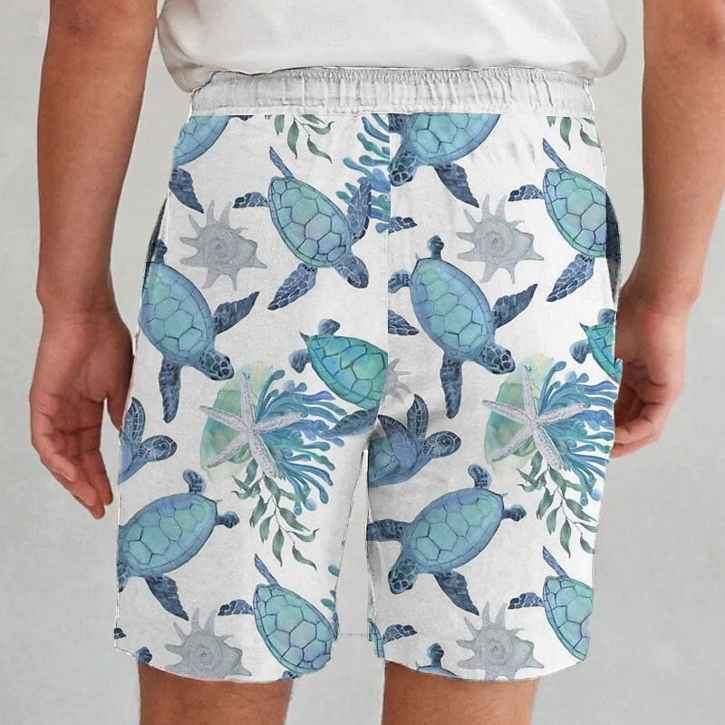 Men's Turtles Sea Creatures Cotton Linen Shorts Shorts Mid Waist Hawaiian Vacation Dailywear Holiday Drawstring Pocket Elastic Waist Designer Clothing Apparel2