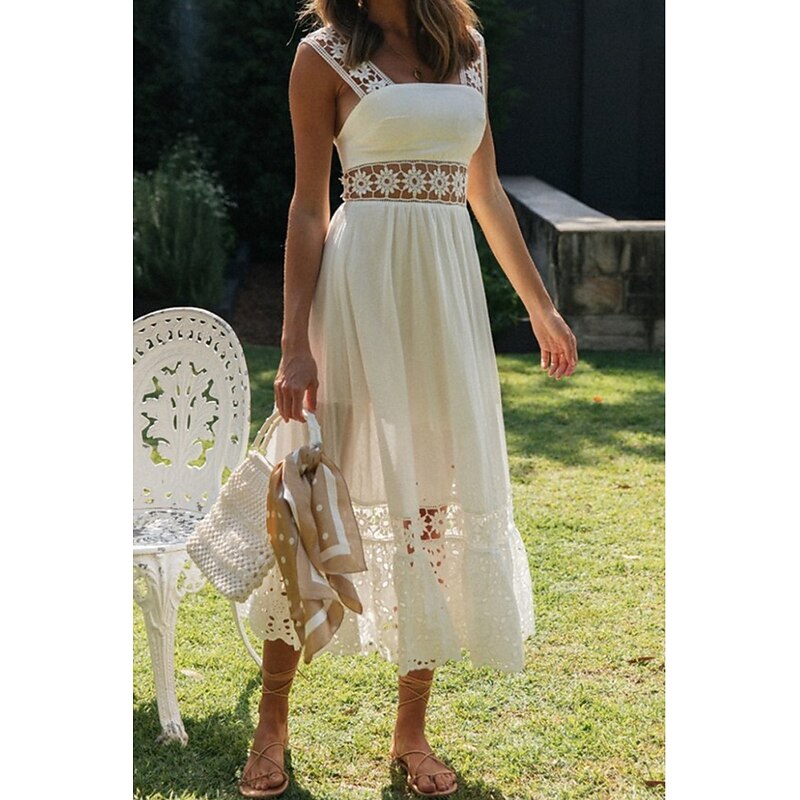 Women's Midi Dress White Dress Graduation Dress Elegant Fashion Modern Vacation Birthday Going out Regular Fit Plain Sleeveless U Neck White Summer4