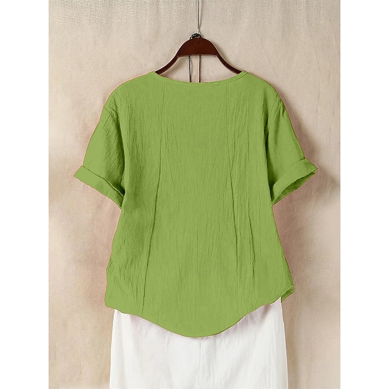 Women's 100% Cotton Blouse Floral Graphic Stylish Cotton Linen Casual Short Sleeve Crew Neck Regular Tops Daily Going out Buttons Print Green Summer Spring2