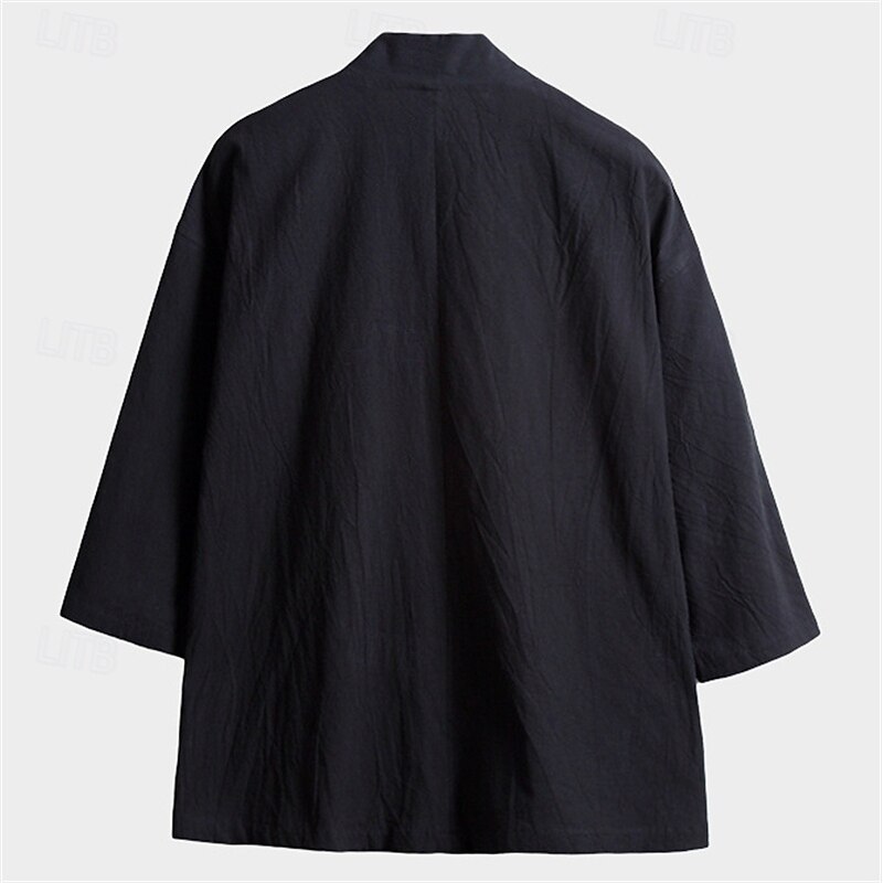 Men's Shirt Linen Shirt Casual Shirt Button Up Shirt Cotton Shirt Plain Vacation Hawaiian Black Red Dark Navy Gray Long Sleeve Open Front Spring &  Fall Clothing Apparel Pocket2