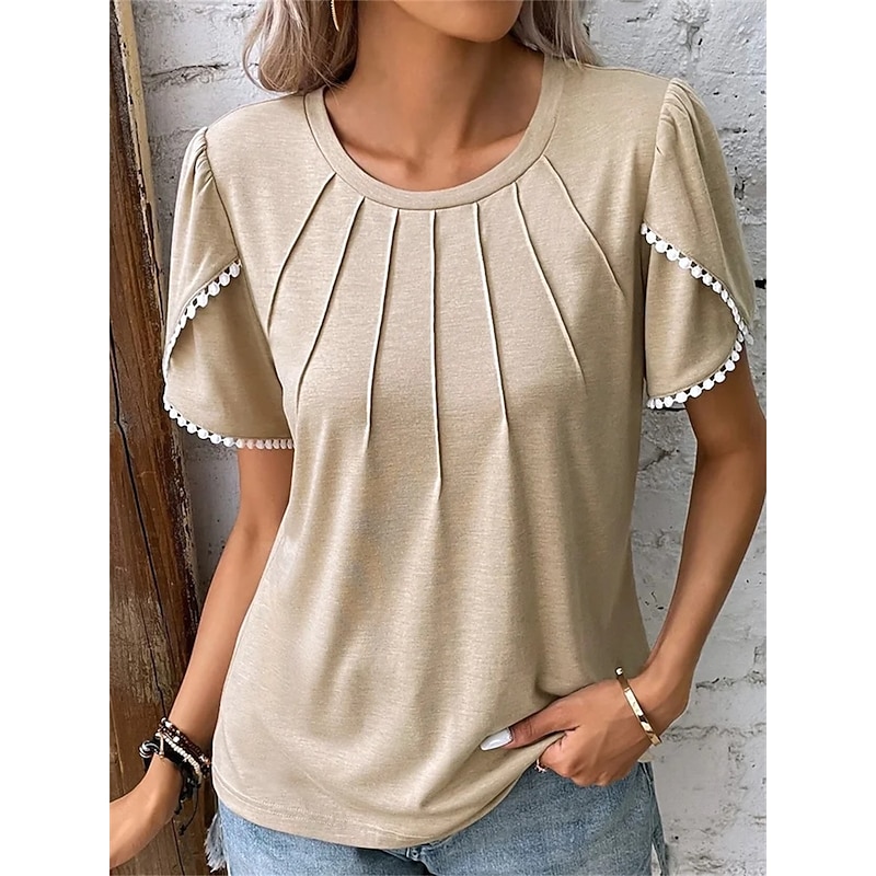 Women's Blouse Solid Color Stylish Casual Short Sleeve Crew Neck Regular Tops Daily White Red Blue Green Khaki Summer Spring