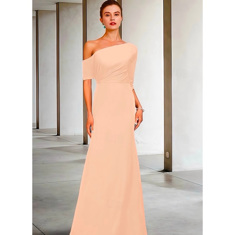 A-Line Mother of the Bride Dress Wedding Guest Elegant Vintage One Shoulder Floor Length Charmeuse 3/4 Length Sleeve with Ruffles Side-Draped free custom size4