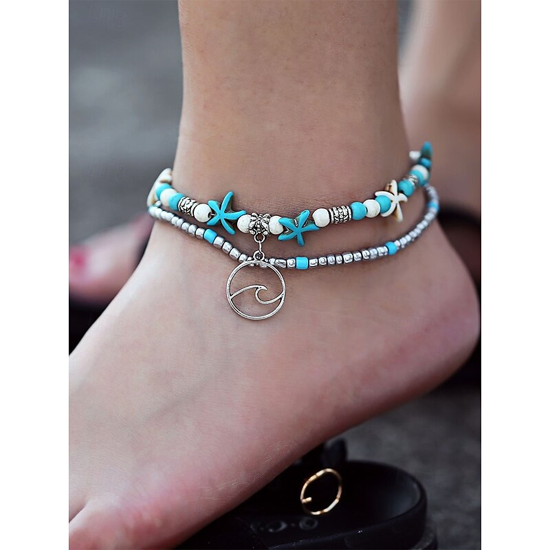 Boho Starfish & Turtle Charm Anklet – Handmade Beaded Layered Ankle Bracelet, Beach Surfer Jewelry for Women & Girls, Summer Holiday Foot Accessory
