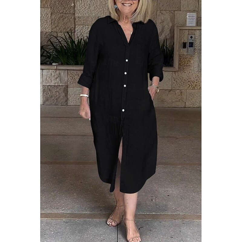 Women's Midi Dress Linen-Inspired Dresses Shirt Dress Fashion Classic Modern Daily Going out Weekend Regular Fit Plain Long Sleeve Shirt Collar Black White Light Blue Summer4
