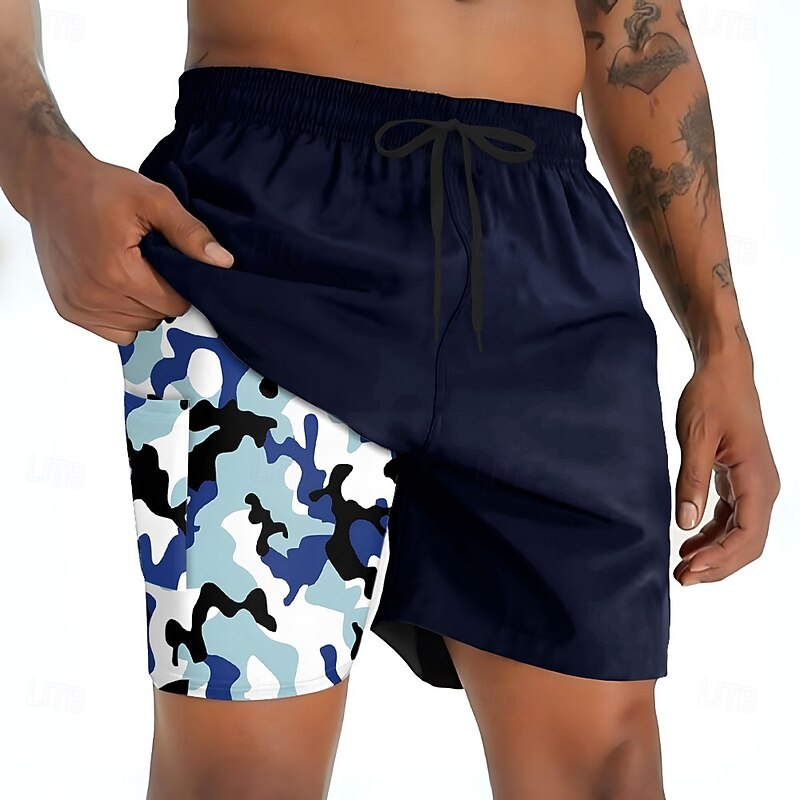 Men's Camouflage Lined Shorts 2 in 1 Board Shorts Swim Shorts Mid Waist Hawaiian Vacation Holiday Beach Wear Side Pockets With Compression Liner Elastic Drawstring Waist Designer Clothing Apparel3