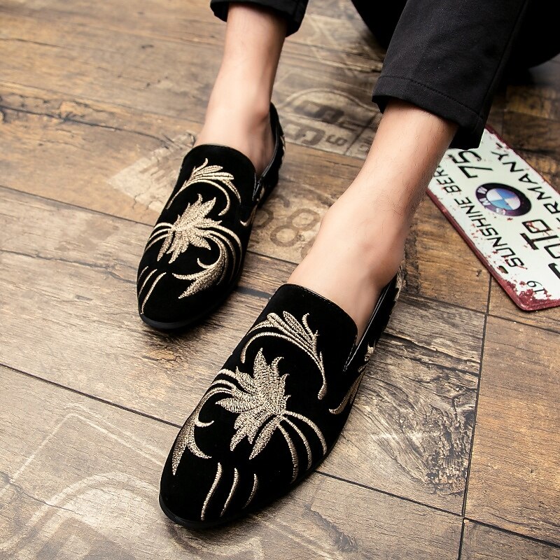 Men's Prom Shoes - Black Velvet Loafers with Golden Embroidered Wheat Motif for Formal Occasions4