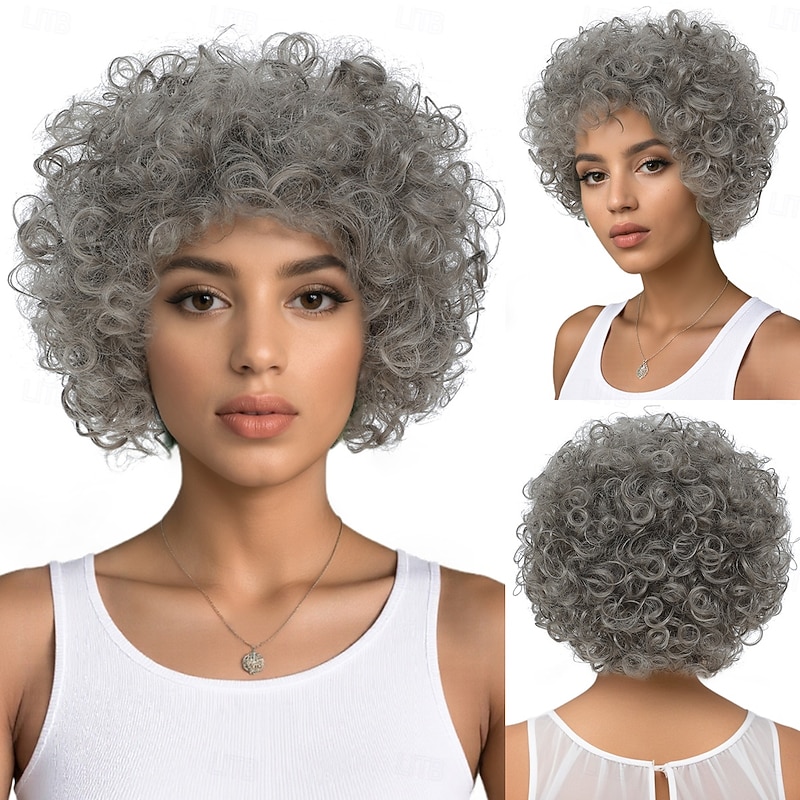 Synthetic Wig Jerry Curl Water Wave Asymmetrical With Bangs Machine Made Wig 12 inch A1 Synthetic Hair Women's Classic Adorable Comfortable Gray