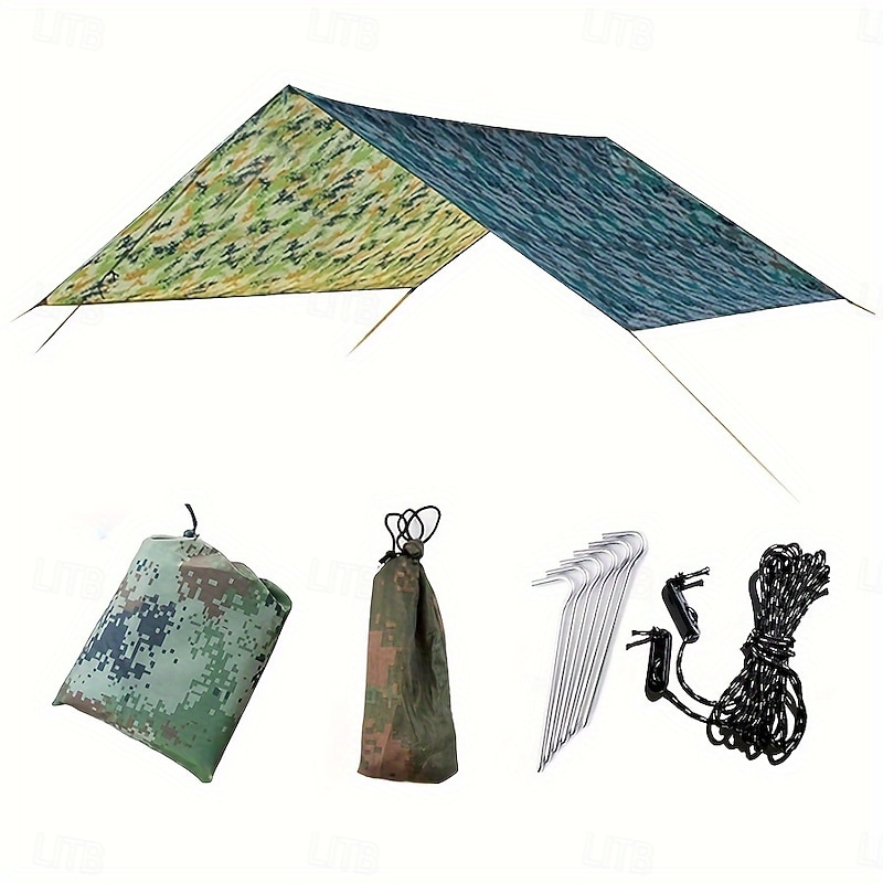 1pc Outdoor Multi-Functional Square Canopy - UV Protection Beach Shade with Lightweight Silvery Coated Fabric 122 lbs Tensile Strength Green & Blue Camouflage Design for Camping Picnics Backyard