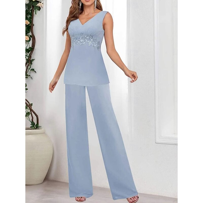 3 Piece Mother of the Bride Dress Wedding Guest Elegant Simple V Neck Floor Length Polyester Long Sleeve with Solid Color3