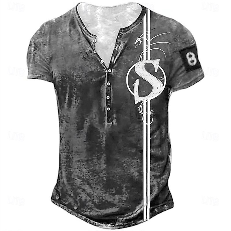 Men's Dragon Letter 'S' T Shirt Henley Shirt Short Sleeve Sports Fashion Designer Outdoor Street Daily Summer Deep Green Dark Brown Black Gray Henley Henley T-Shirt