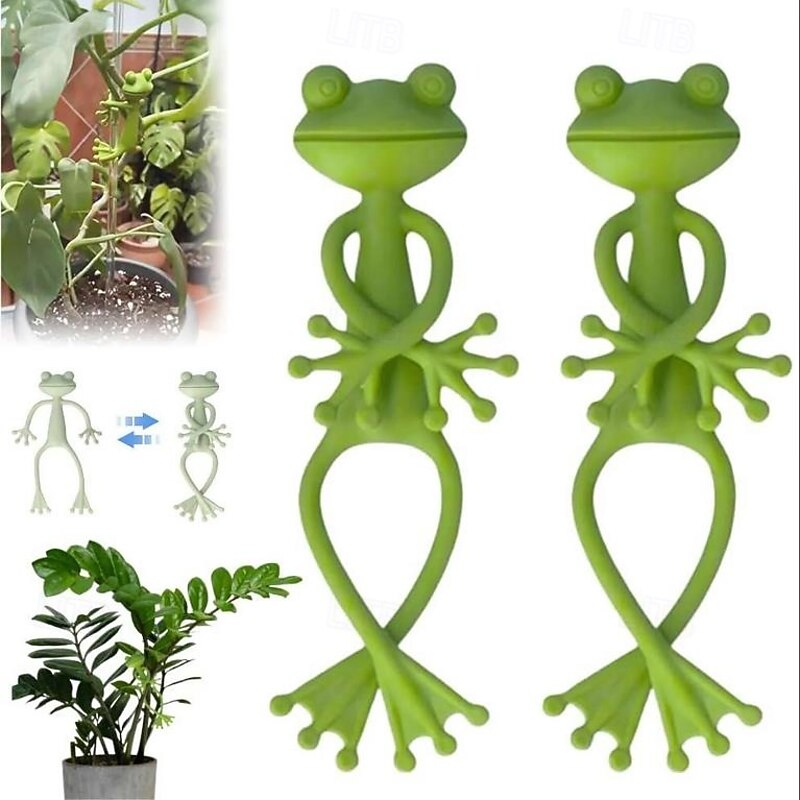 Green Frog Plant Supports Set Frog Plant Stand, Cute Frog Flower Pot Hugger Plant Climbing Fixture Clips, Multipurpose Frog Planter Decor Plant Vine Traction
