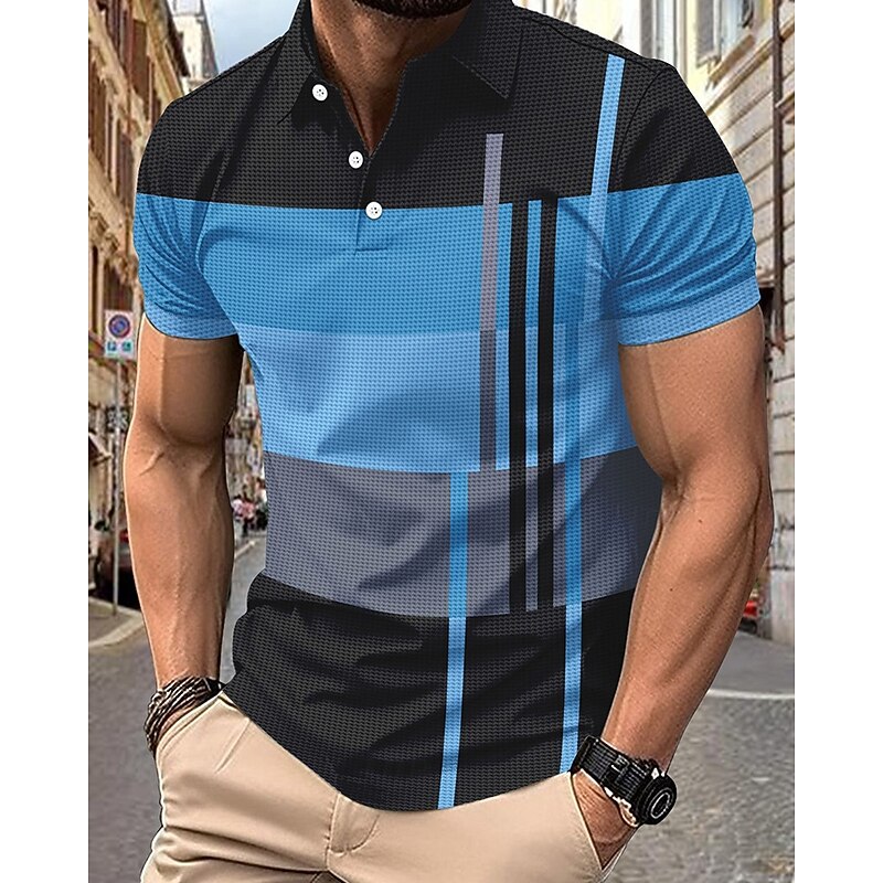 Men's Golf Shirt Golf Polos Shirts Work Casual Lapel Short Sleeve Basic Modern Stripes Patchwork Buttons Summer Regular Fit Pink+Orange Dark Pink Blue Purple Orange Green Golf Shirt