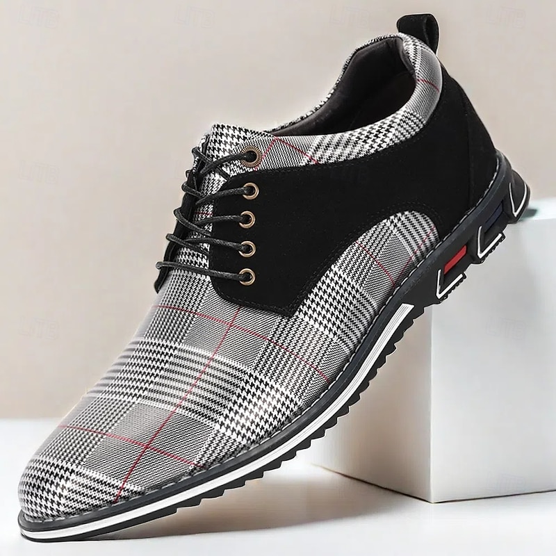 Men's Black and Grey Plaid Lace-Up Dress Shoes with Sporty Sole, Modern Casual Style for Daily Wear and Work