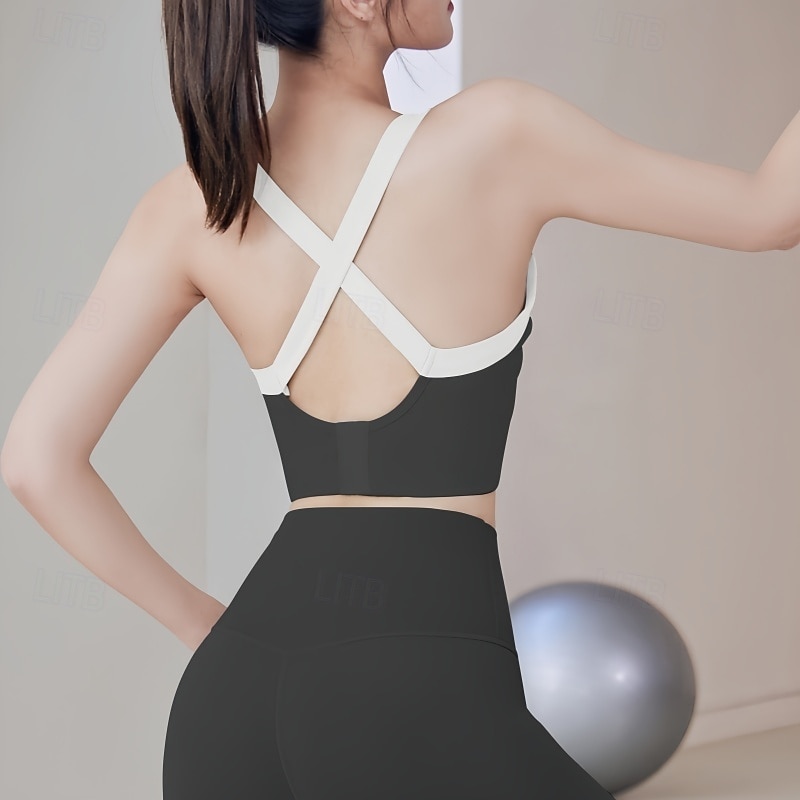 Women's Light Support Sports Bra Running Bra Open Back Cross Back Bra Top Padded Fitness Leisure Sports Running Breathable Lightweight Soft Black Light Green Beige Solid Colored2