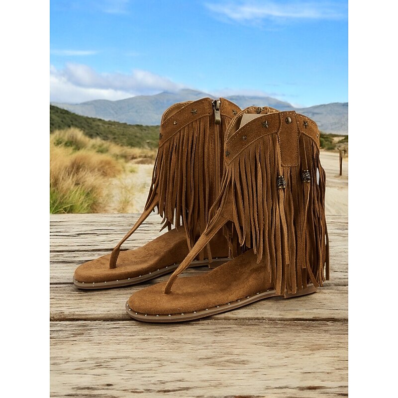 Women's Boho - Style Brown Fringe Ankle Sandals – Trendy and Flowy Footwear for Music Festivals, Beach Walks and Casual Outdoor Gatherings3