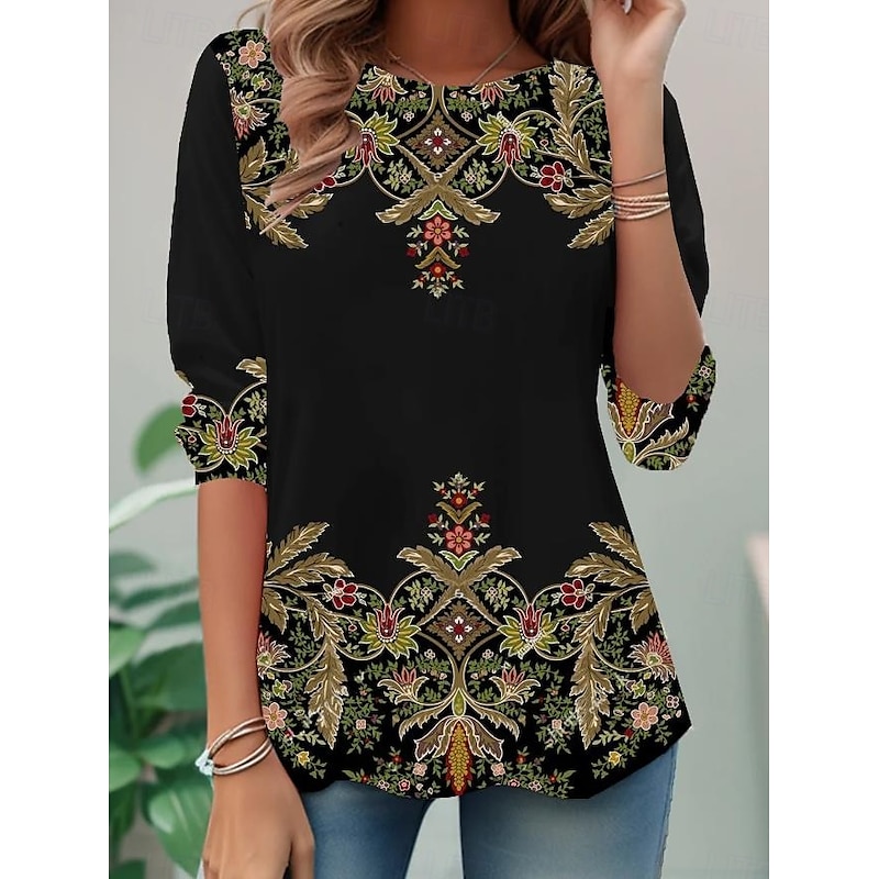 Women's T shirt Long Sleeve Crew Neck Long Sleeve Tunic Floral Graphic Casual Regular Tops Daily Print White / Black Black Blue Orange Brown Spring Fall Prefall4