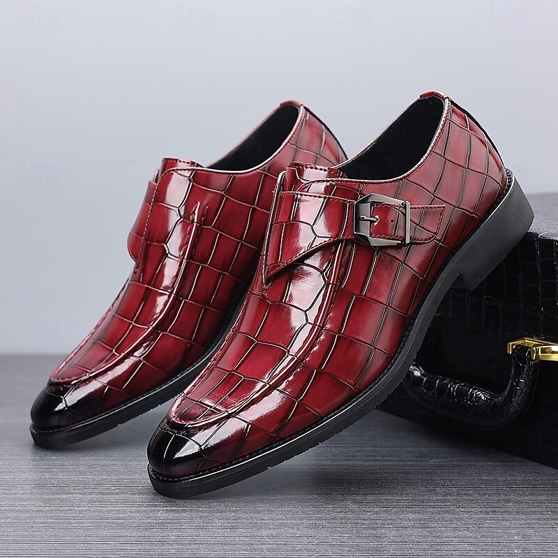 Men's Burgundy Crocodile Pattern Faux Leather Dress Shoes with Buckle, Elegant Footwear for Formal & Business Occasions2
