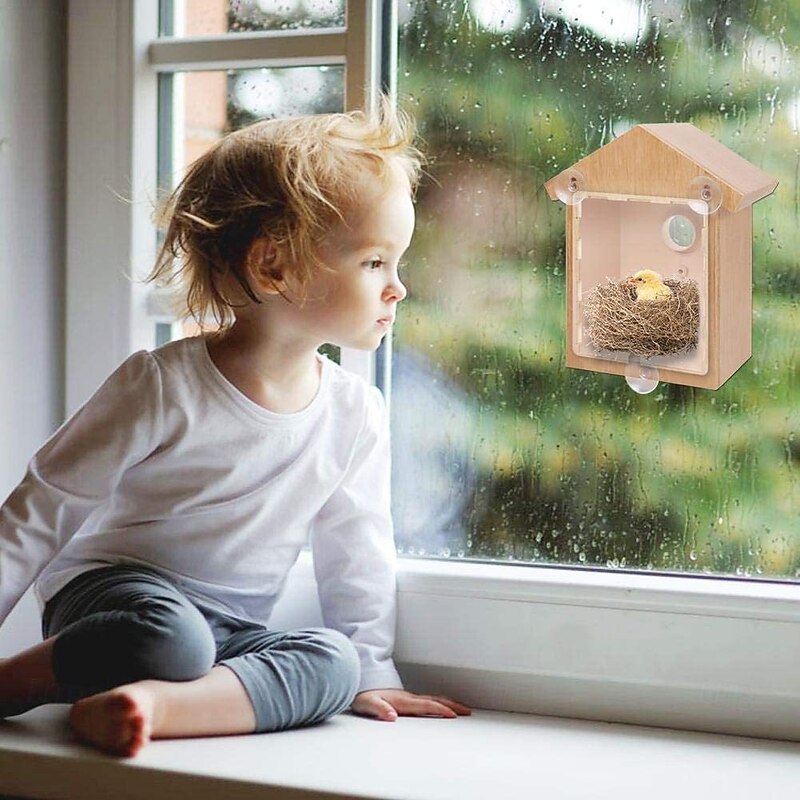 Outdoor Wooden Birdhouse with Suction Cups, DIY Hanging Bird Nest and Feeder,Garden Decoration Window-Mounted Bird House for Wild Birds, Backyard Garden Bird Watching2