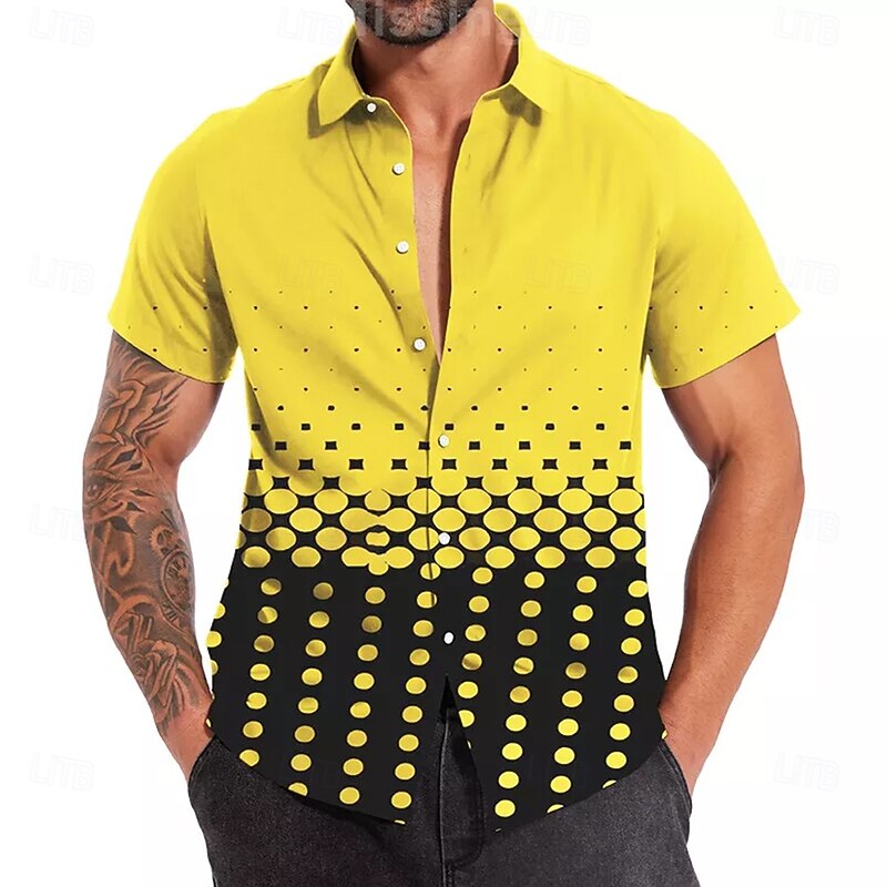 Men's Geometric Grid / Plaid Shirt Button Up Shirt Short Sleeve Fashion Casual Vacation Holiday Streetwear Summer Spring Turndown 3D Print Collared Shirts Black Yellow2