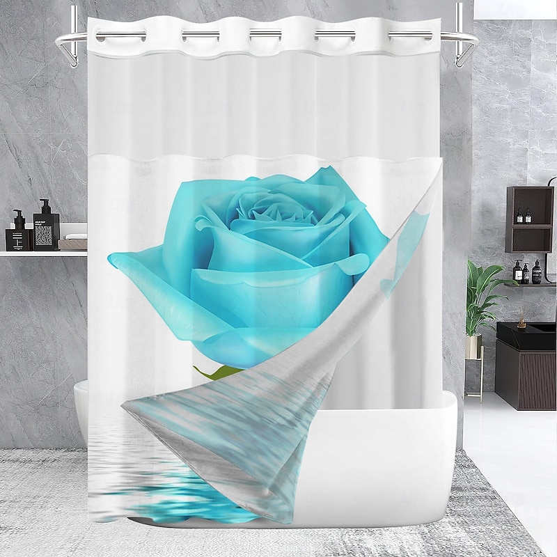 Waffle-Weave Floral Shower Curtain Set with Snap-in Liner and Sheer Window, Water-Repellent Polyester, No-Hook Grommet Top, 120GSM Hotel Spa Bathroom Partition, Double-Layer Design2
