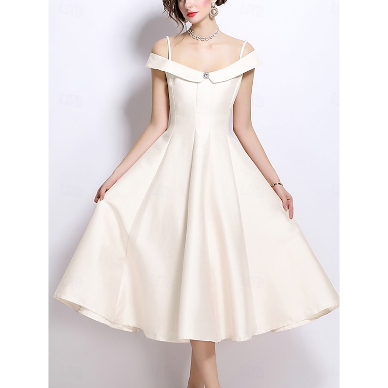 A-Line Party Dresses Elegant Dress Wedding Wedding Guest Tea Length Sleeveless Off Shoulder Polyester Backless with Pleats