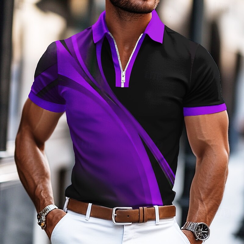 Men's Geometic Line Zip Polo Shirts Short Sleeve Polo Shirts Collared Shirts Business Casual Business Athleisure Wear to work Daily Wear 3D Print Summer Blue Purple Green2