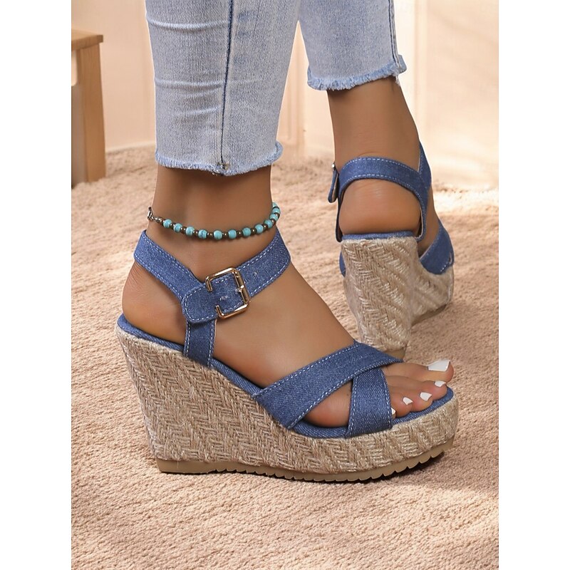 Women's Denim Wedge Sandals with Ankle Strap – Casual and Stylish Footwear for Shopping, Outdoor Dinners and Summer Parties4