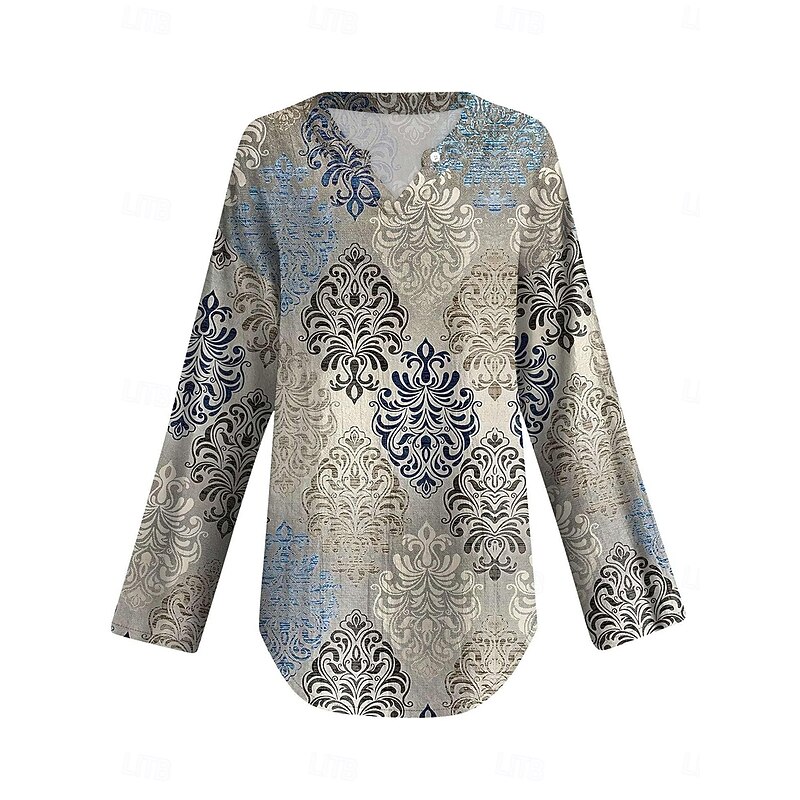 Women's Blouse Tunic V Neck Long Sleeve Boho Casual Tops Graphic Geometric Vintage Daily Regular Tops Daily Vacation Wear Print Blue3