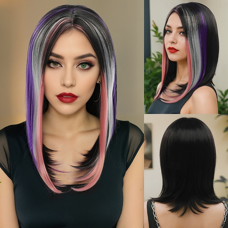 Synthetic Wig Wavy Natural Straight Layered Haircut With Bangs Machine Made Wig 16 inch A1 Synthetic Hair Women's Middle Part Classic Color Gradient Multi-color