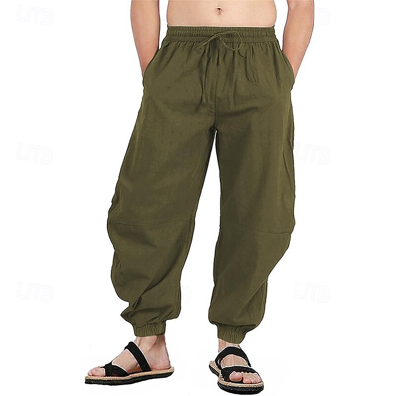 Men's Linen Pants Trousers Summer Pants Beach Pants Drawstring Elastic Waist Pleats Plain Comfort Breathable Full Length Casual Daily Holiday Fashion Classic Style Black White4
