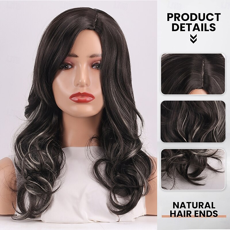 Synthetic Wig Wavy Curly Weave Layered Haircut With Bangs Machine Made Wig 22 inch A1 Synthetic Hair Women's Classic Comfortable Color Gradient Dark Brown Mixed Color3