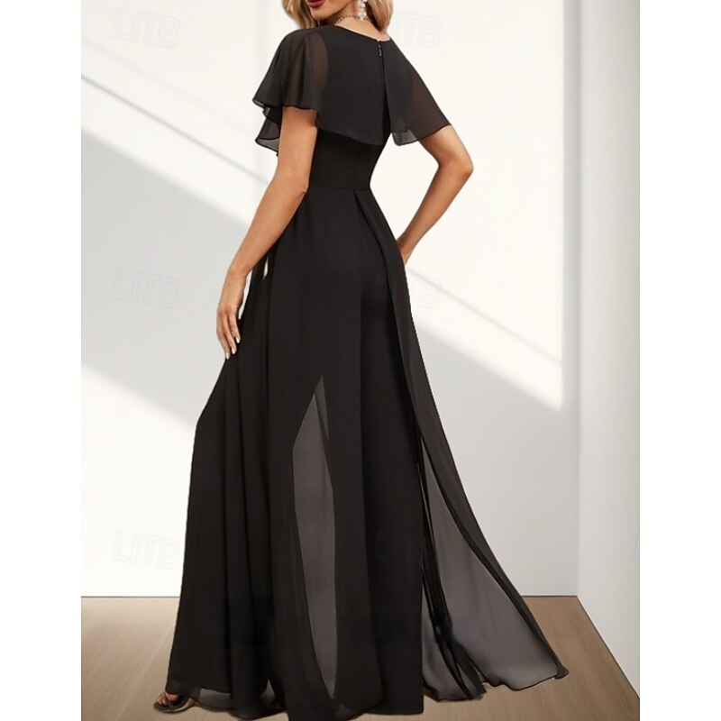 Jumpsuit / Pantsuit Mother of the Bride Dress Wedding Guest Elegant V Neck Floor Length Chiffon Short Sleeve with Ruffles Side Draping2
