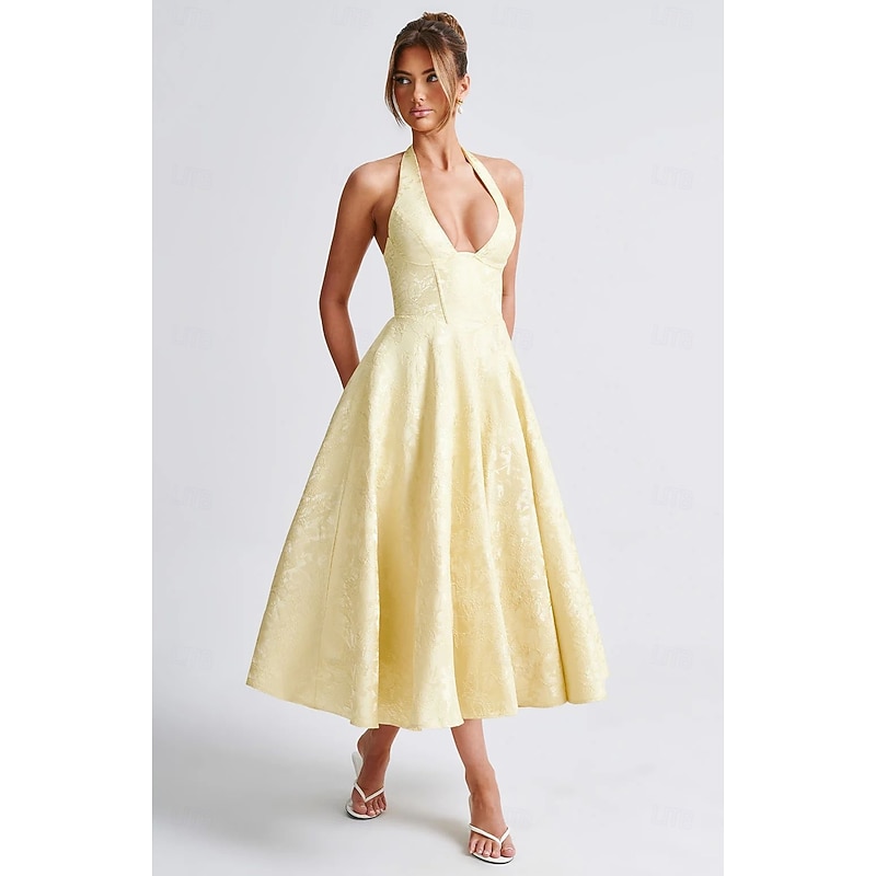 Retro Vintage 1950s Midi Dress Flare Dress Halter Floral Jacquard A-Line Fit & Flare Swing Fancy Dress Women's Carnival New Year Valentine's Day Wedding Vacation Tea Party Adults' Dress3