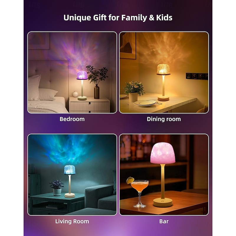 Ocean Wave Cordless Projector Light, RGB Color Changing Table Lamp, Portable Battery Night Light LED Aurora Projector with Remote Control for Bedroom Living Room Game Party Atmosphere Lights4