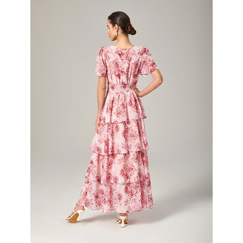 Women's Wedding Guest Party Maxi Dress Casual V Neck Short Sleeve A Line Dress Floral Print Layered Ruffle Tiered Elegant Daily Wear Cake Skirt Waist Slim Fit Long Dress3
