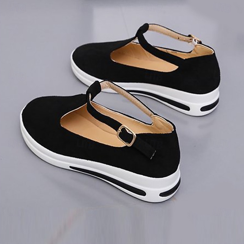 Women's Platform T-Strap Sneakers – Casual Black and White Mary Jane Shoes with Thick Sole for Walking & Everyday Wear3