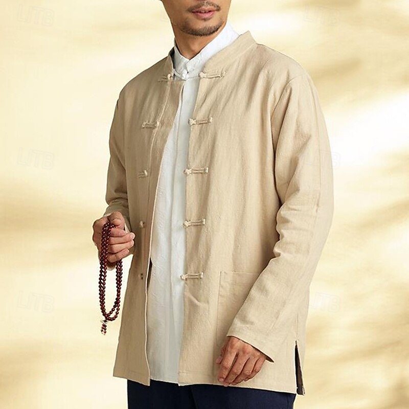 Men's Shirt Linen Shirt Casual Shirt Button Up Shirt Cotton Shirt Plain Vacation Hawaiian Black Navy Blue Khaki Long Sleeve Band Collar Spring Clothing Apparel Front Pocket3