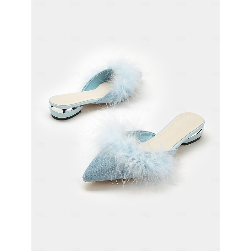 Women's White Fluffy Pointed Toe Flat Mules – Cozy Faux Fur Slip-On Shoes for Casual Chic Outfits4