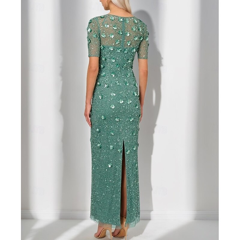 Beaded Floral Mother of the Bride Dress Elegant Vintage Illusion Neck Ankle Length Sequined Half Sleeve with Sequin2