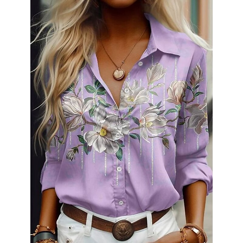 Women's Shirt Button Down Tunic Shirt Collar Long Sleeve Floral Graphic Casual Regular Tops Work Daily s Print Blue Purple Green Spring Fall Winter3