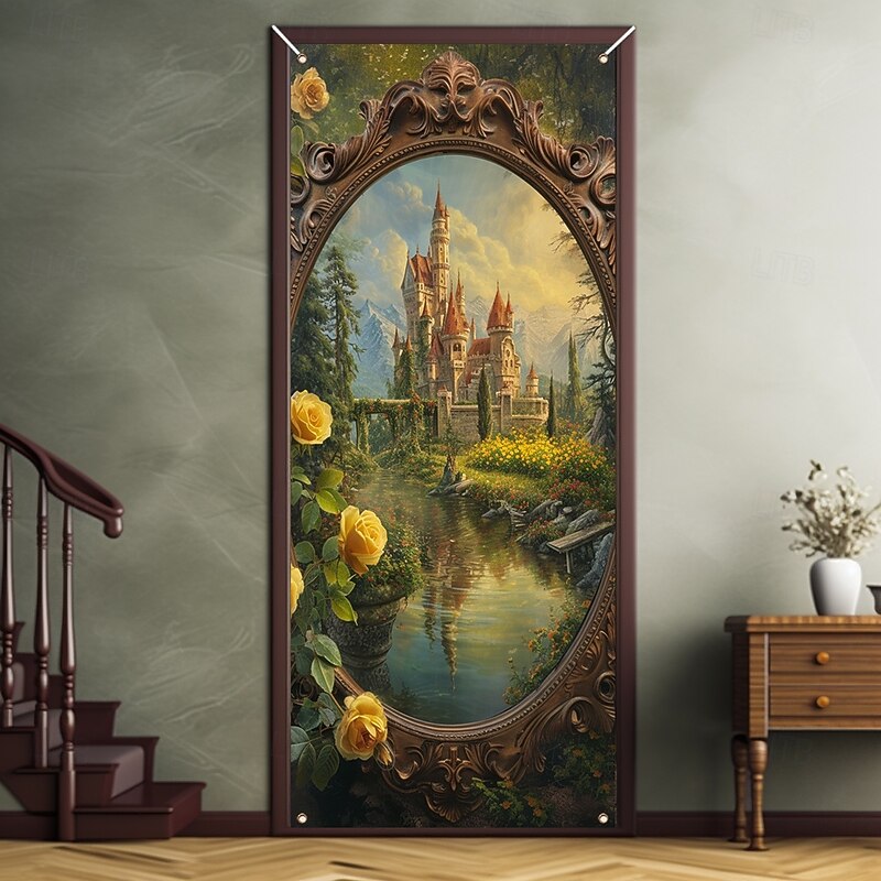Castle in Mirror Door Decorations Door Covers Door Tapestry Door Curtain Decoration Backdrop Indoor/Outdoor Door Banner for Front Door Farmhouse2