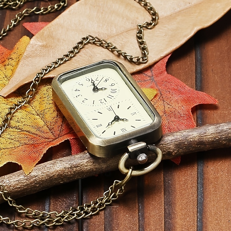 Men Bronze Double Time Zone Rectangle Pocket Watch Quartz Movement Women Ladies Dress Necklace Gifts4
