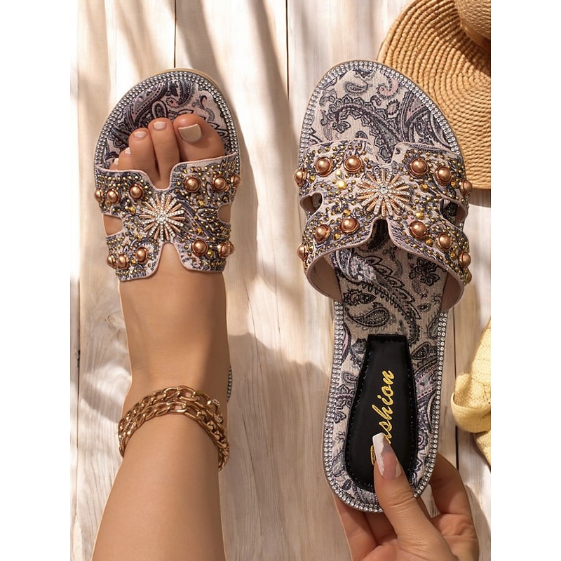 Women's Bohemian Rhinestone Embellished Flat Sandals – Paisley Print Slip-On Summer Slides for Beach, Vacation & Casual Wear