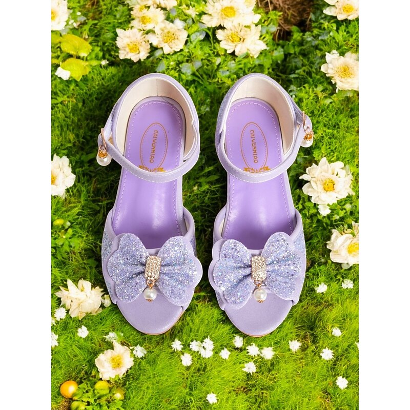 Girls' Purple Glitter Bow Sandals with Pearl Accent, Adjustable Strap, Perfect for Weddings, Birthdays, and Special Occasions