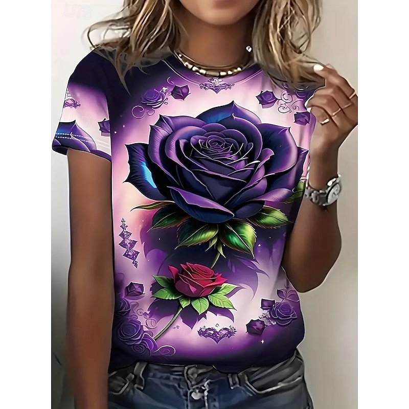 Women's T Shirt Summer Tops Rose Color Gradient Classic Casual Short Sleeve Crew Neck Crop Tops Daily Weekend Print Rainbow Summer Spring Fall