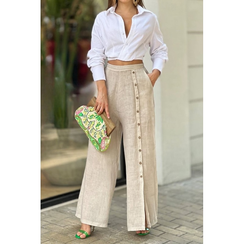 Women's Cotton Linen Pants Slacks Fashion Streetwear Full Length Natural Plain Pocket Outdoor Comfortable Daily Wear Going out White Blue Green Summer Regular Fit